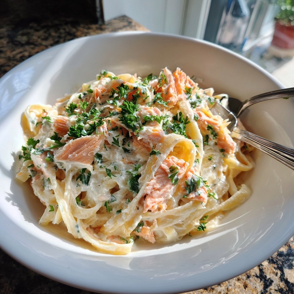 Classic Salmon Alfredo with Fettuccine